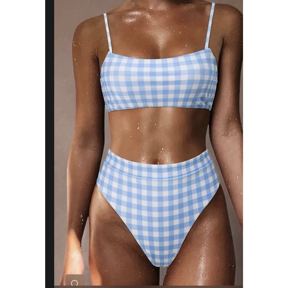 SUUKSESS Cami High Waisted Bikini High Cut Swimsuit Gingham Blue Women’s XL
